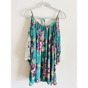 Umgee (Size L) Women’s Teal Mauve Floral‎ Cold Shoulder Lace Scoop Neck Tunic